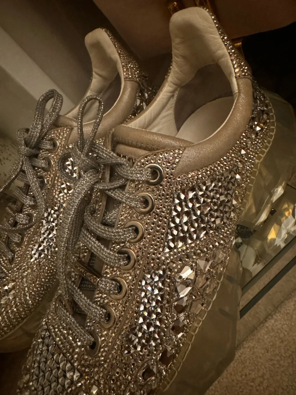 Jimmy Choo Embellished Metallic Crystal Lace-Up Sneakers - Gold